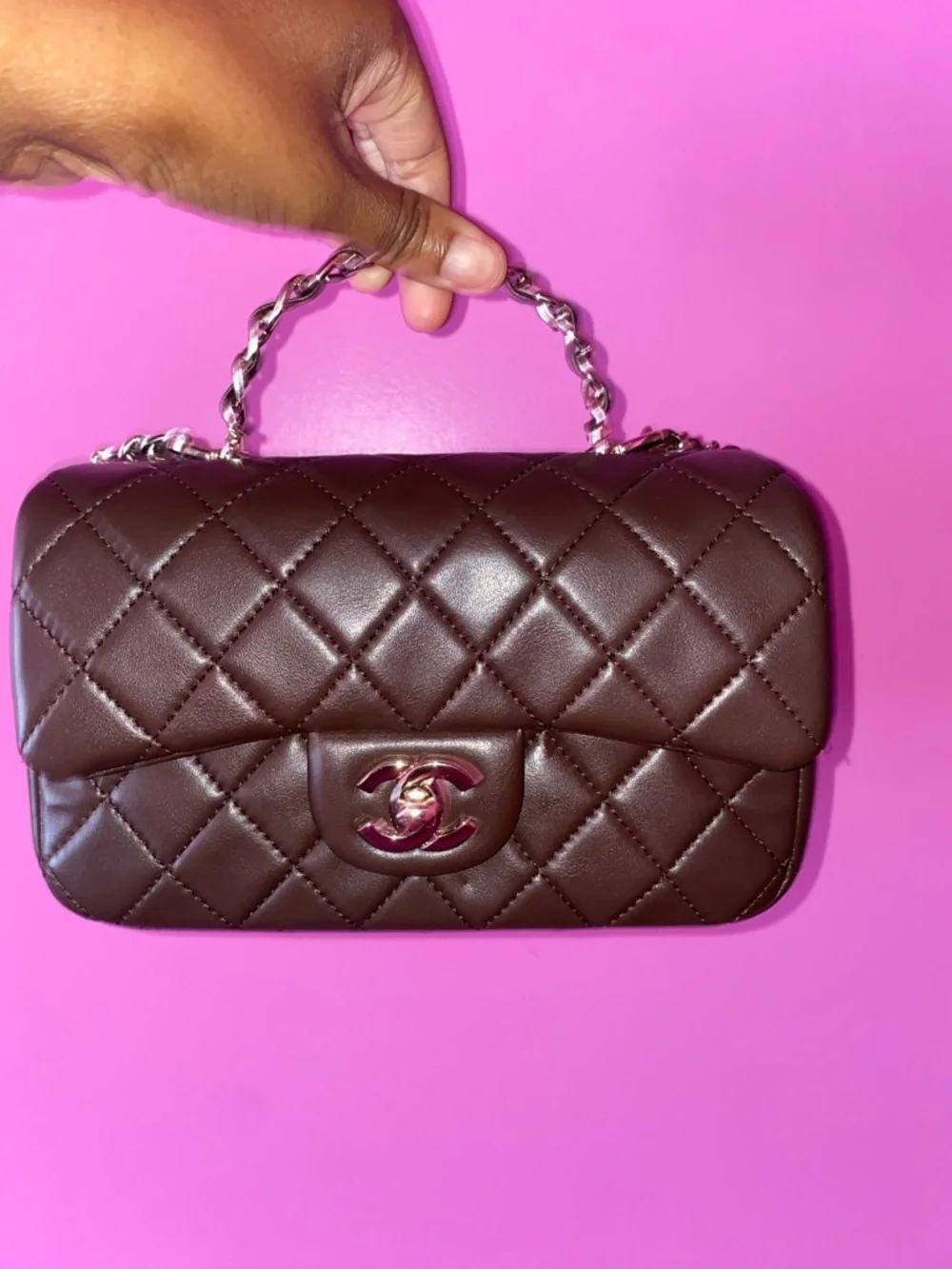 Quilted Top-Handle Crossbody Bag in Dark Brown with Chain Strap - Picture 2 of 4